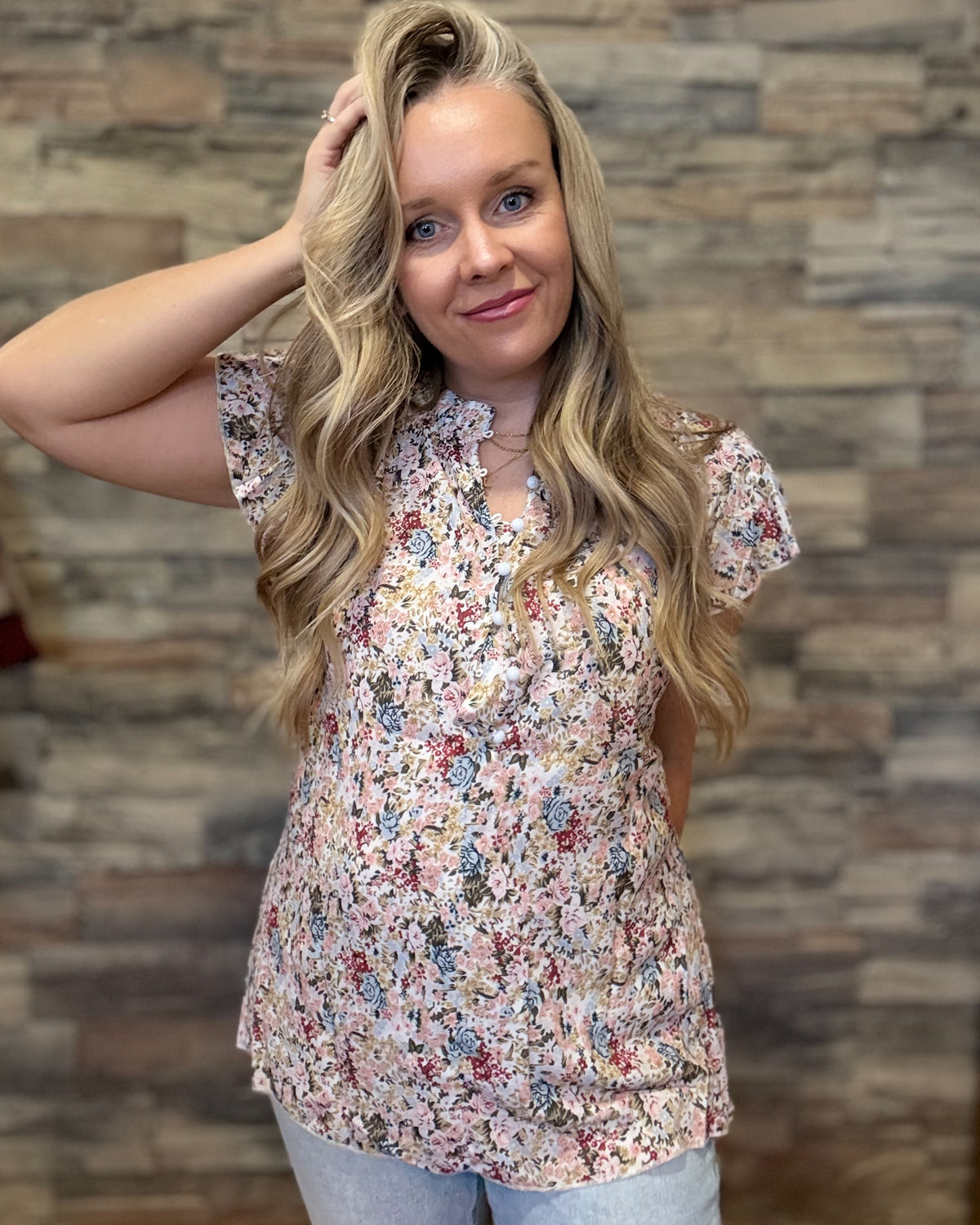 Boho Floral Button Ruffle Blouse