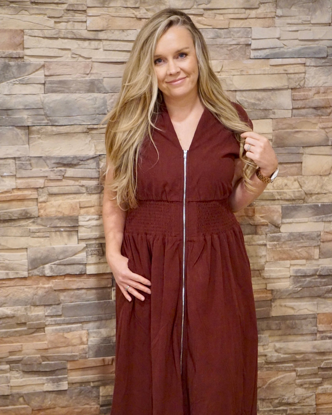 Front Zip Corduroy Midi Dress - Wine