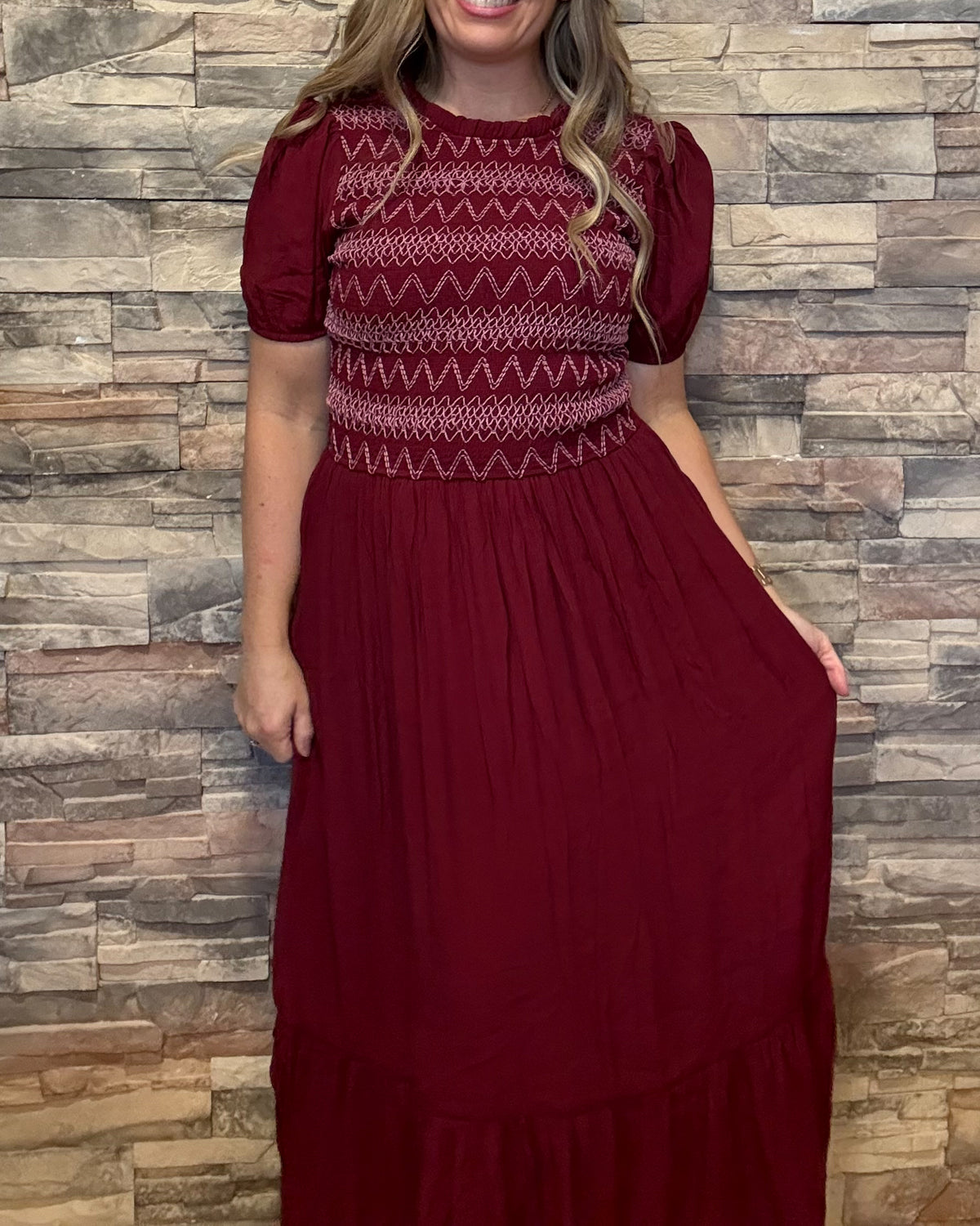 Bubble Sleeve Smocked Midi Dress - Dark Red