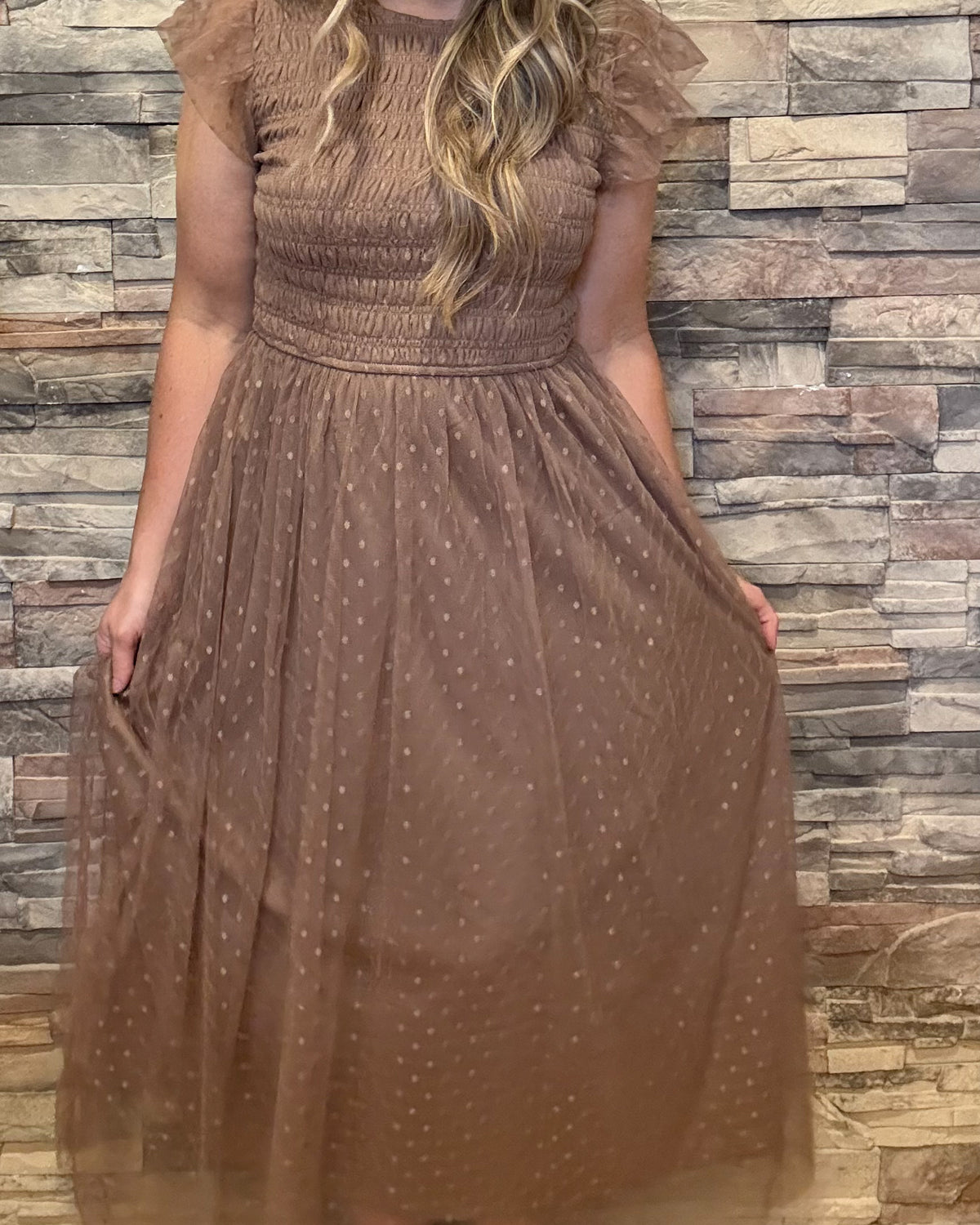 Polka Dot Chiffon Midi Dress - Mocha