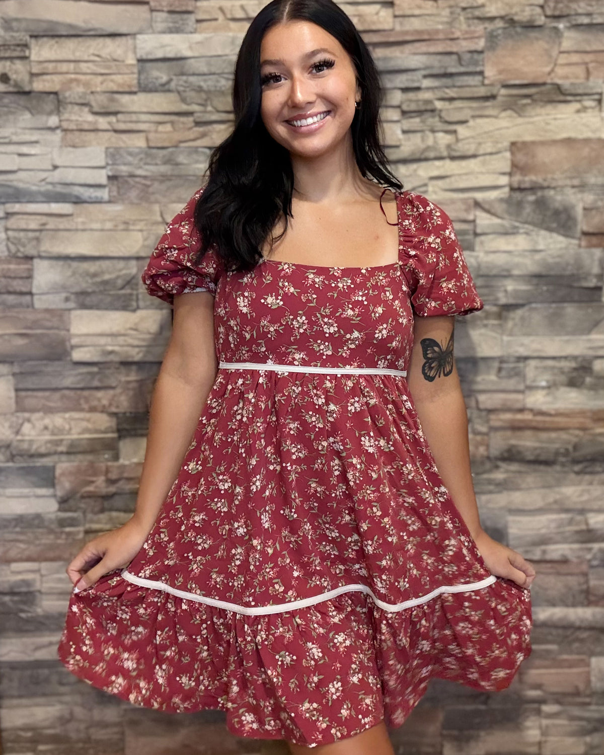 Floral Puff Sleeves Mini Dress - Burgundy Multi