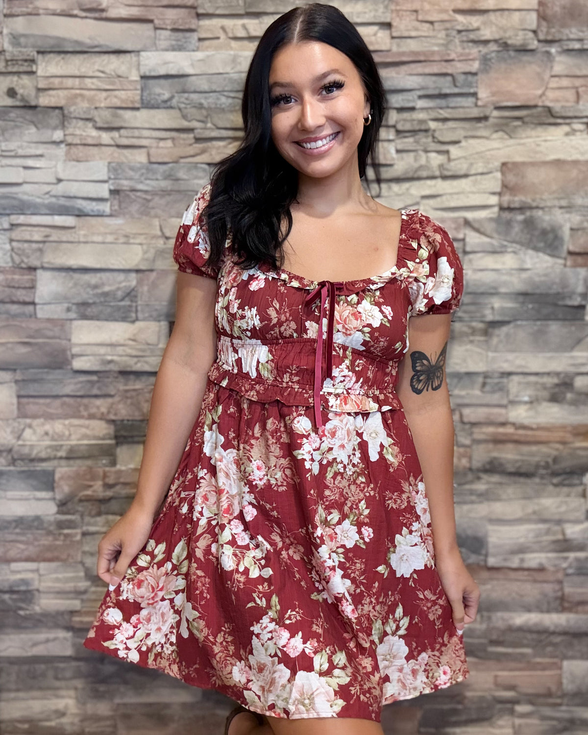 Romantic Velvet Trim Mini Dress - Burgundy