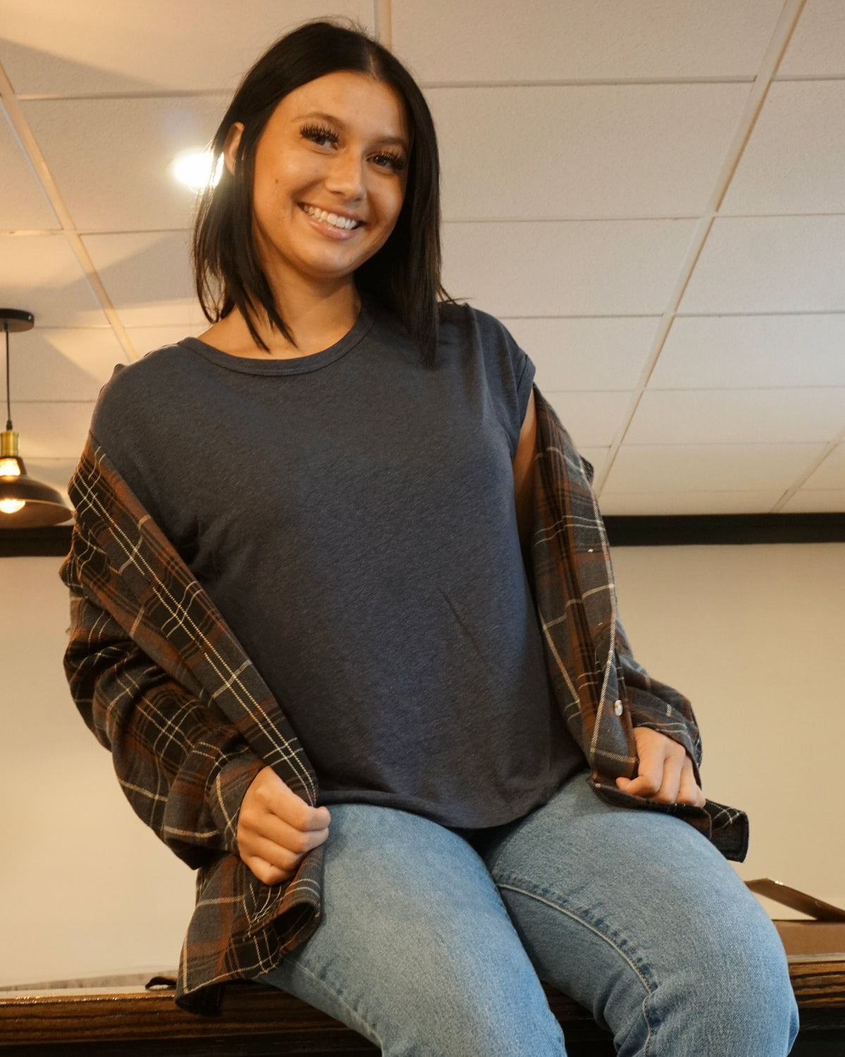 Linen Basic Cap Sleeve Tee - Charcoal