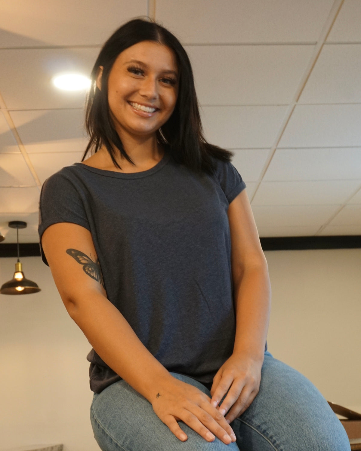 Linen Basic Cap Sleeve Tee - Charcoal