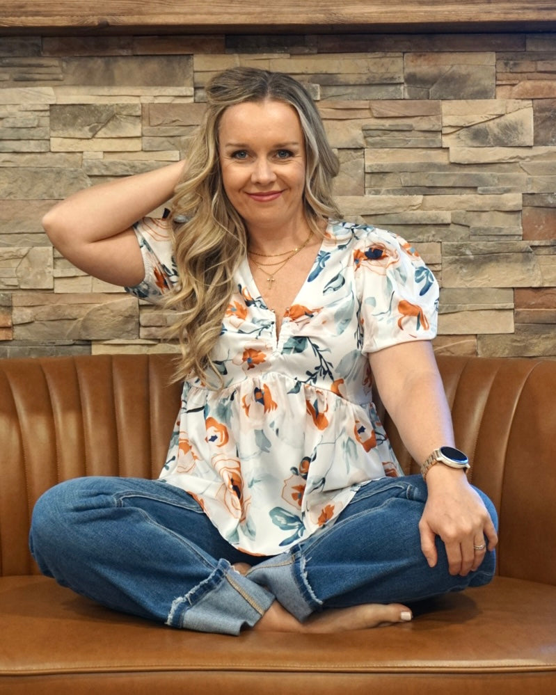 Floral Puff Sleeve V-Neck Blouse