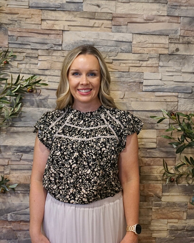 Ruffle Yoke Floral Blouse - Black