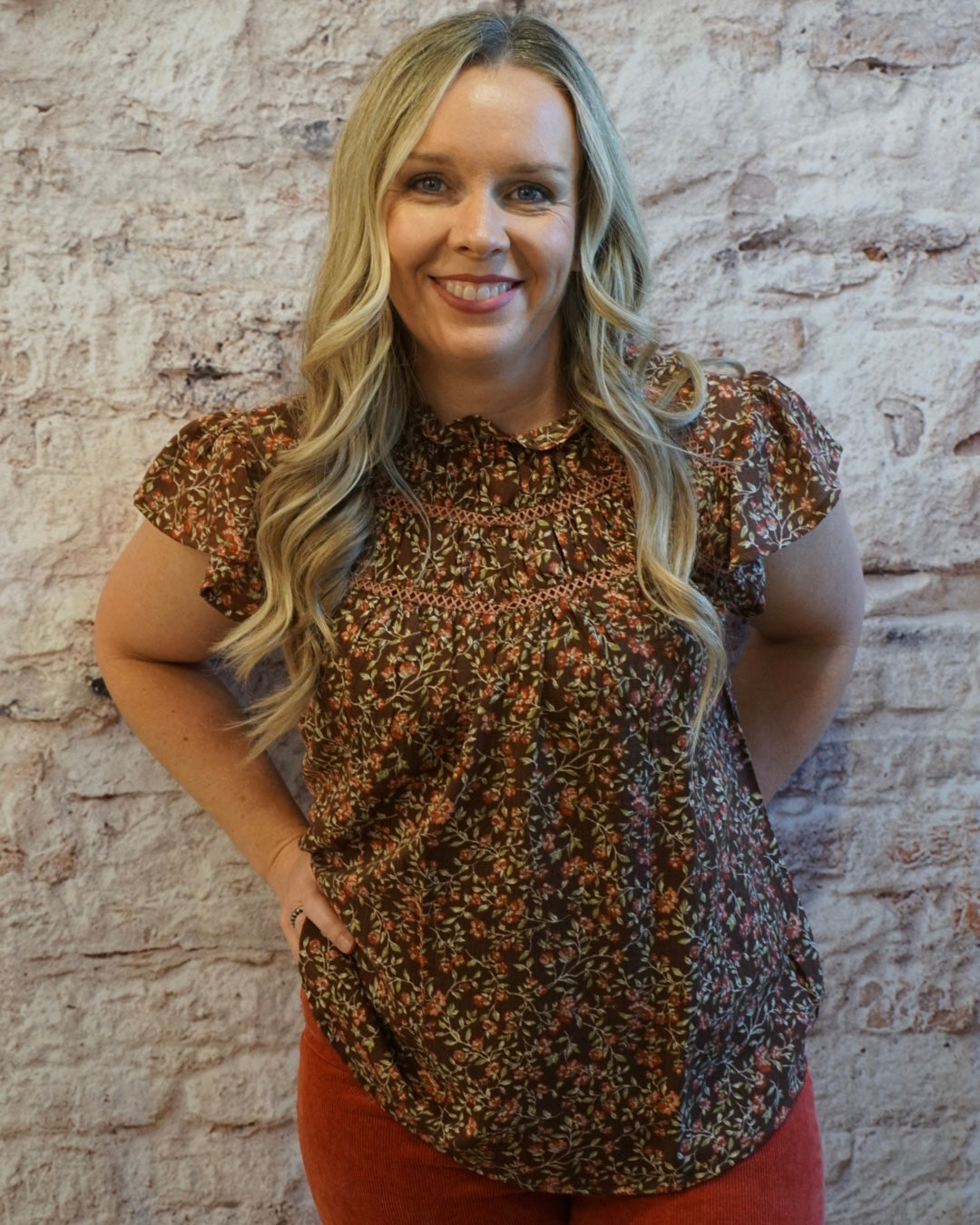 Ruffle Yoke Floral Blouse - Brown