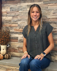 Half Button Eyelet Trim Top - Olive