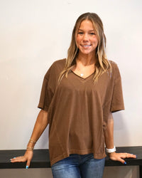 Washed Raw Edge V-Neck Knit Top - Brown
