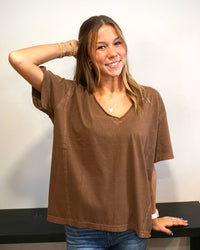 Washed Raw Edge V-Neck Knit Top - Brown