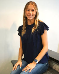 Lace Trim Ruffle Blouse - Navy