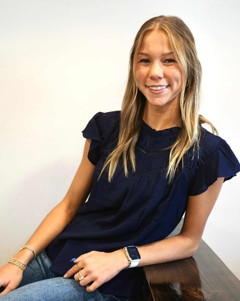 Lace Trim Ruffle Blouse - Navy