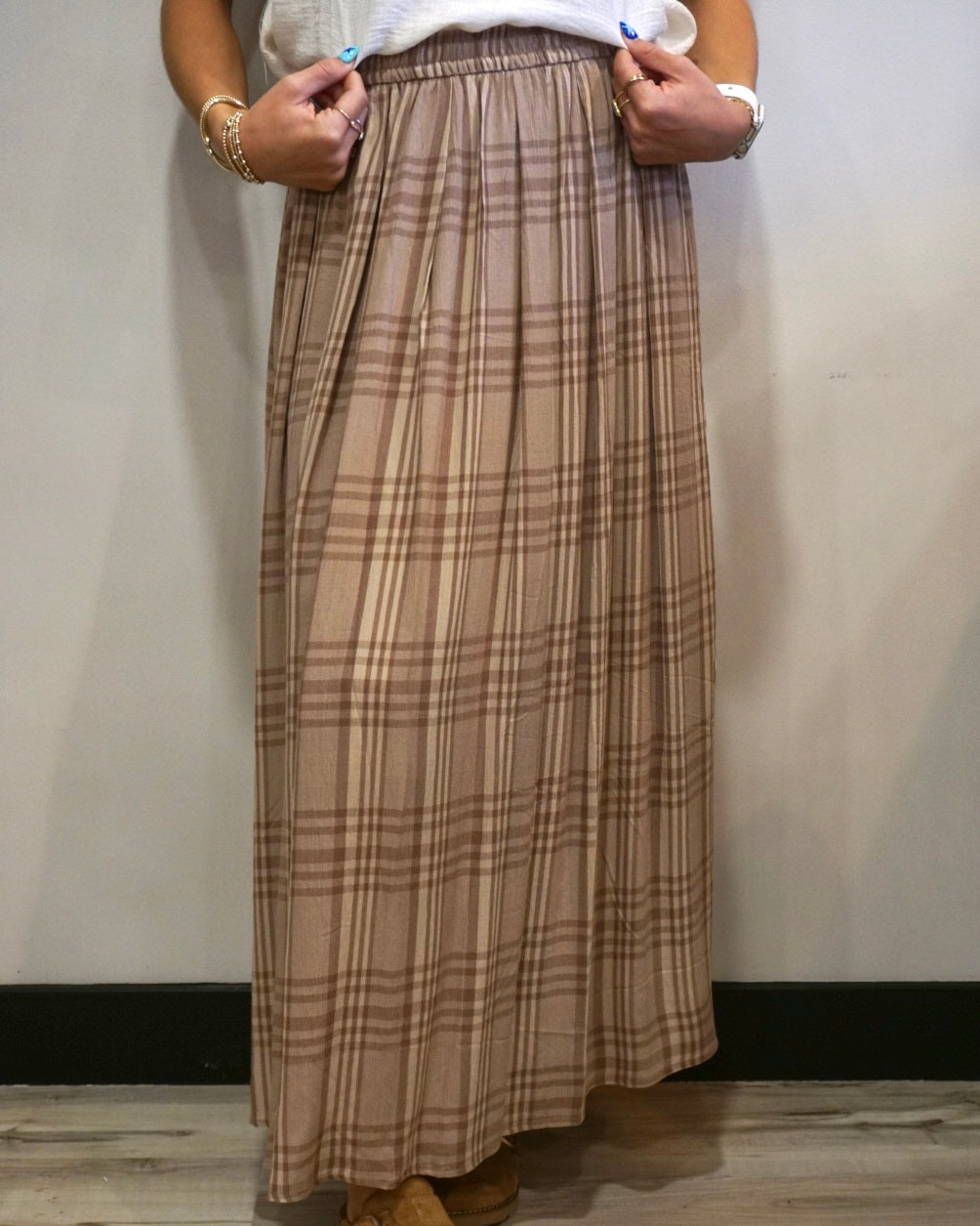Plaid Printed Pleats Midi Skirt - Mocha