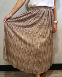 Plaid Printed Pleats Midi Skirt - Mocha