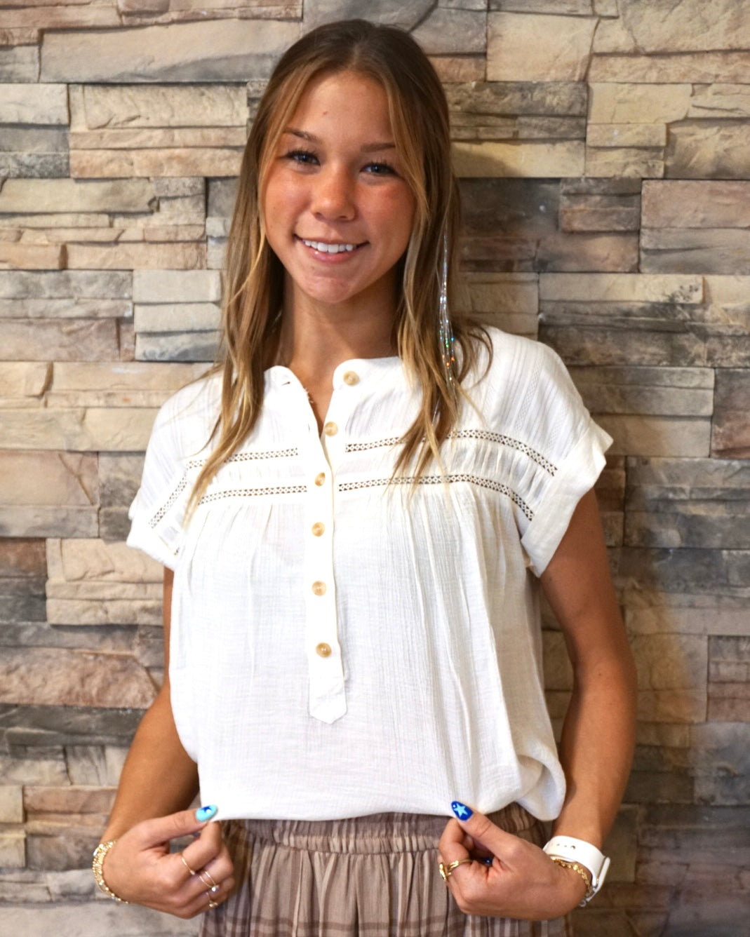 Half Button Eyelet Trim Top - Ivory