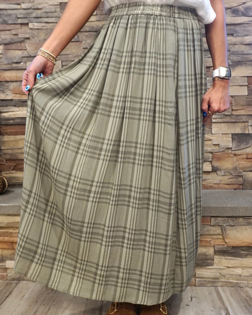 Plaid Printed Pleats Midi Skirt - Spruce
