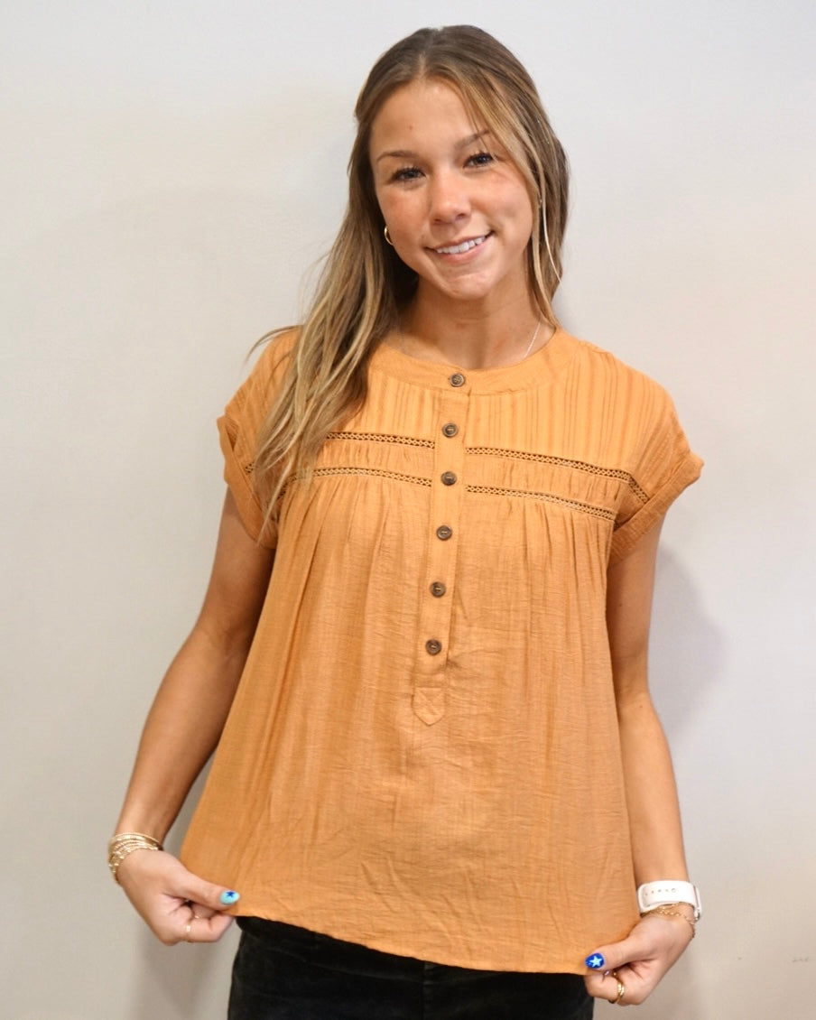 Half Button Eyelet Trim Top - Dusty Apricot