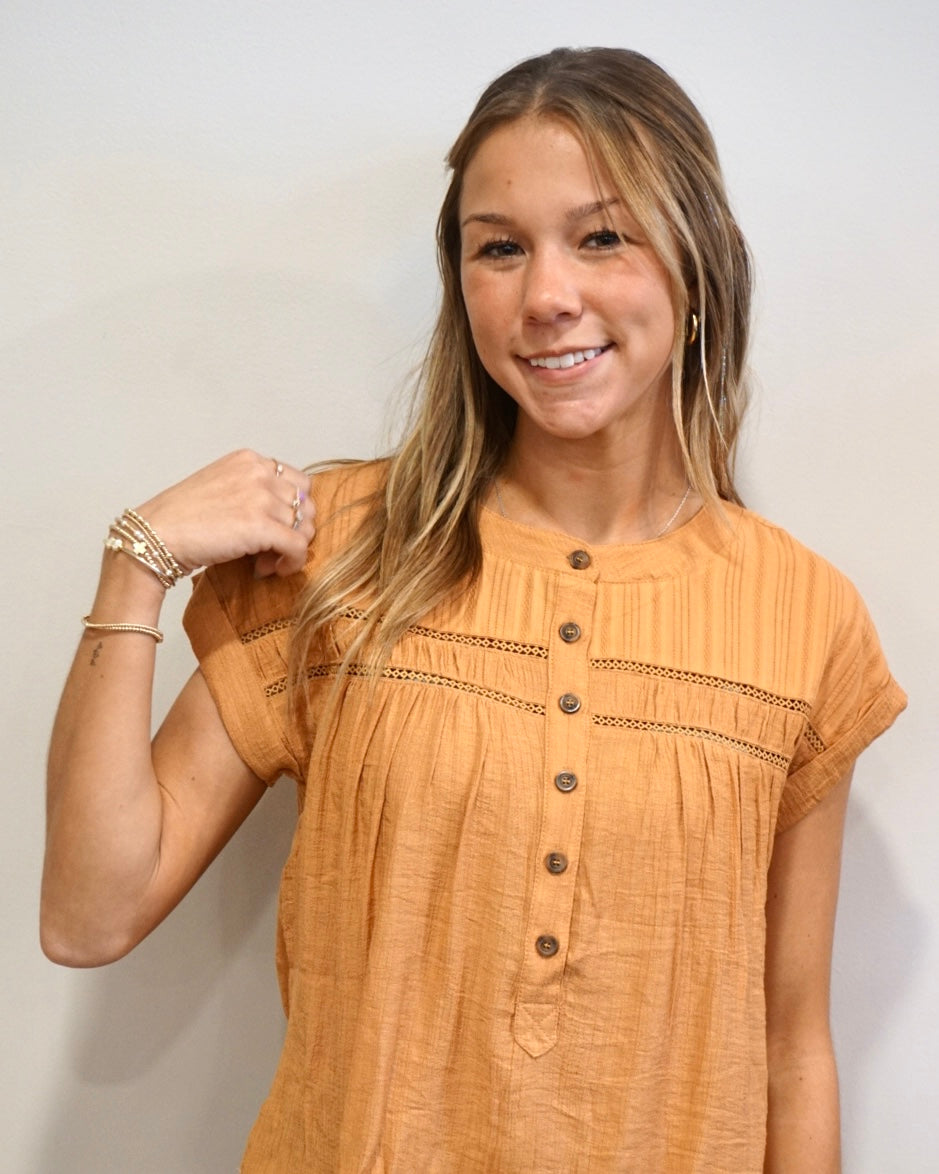Half Button Eyelet Trim Top - Dusty Apricot