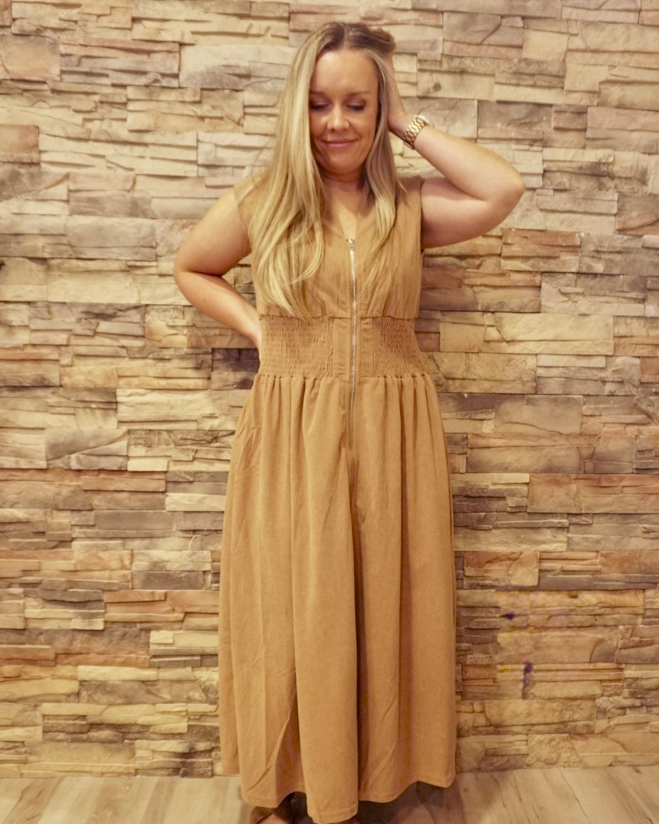Front Zip Corduroy Midi Dress - Taupe