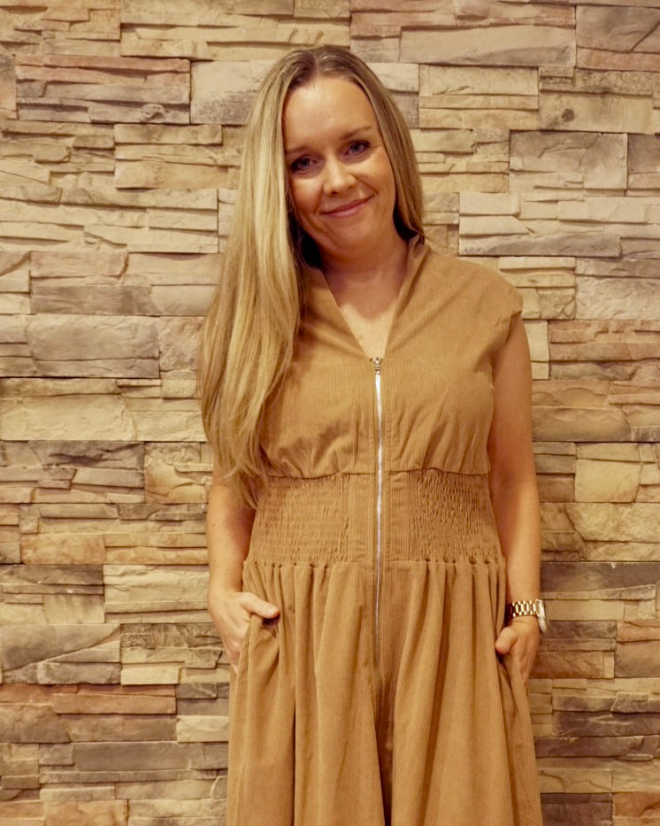 Front Zip Corduroy Midi Dress - Taupe