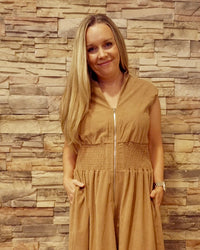 Front Zip Corduroy Midi Dress - Taupe