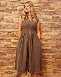 Front Zip Corduroy Midi Dress - Olive