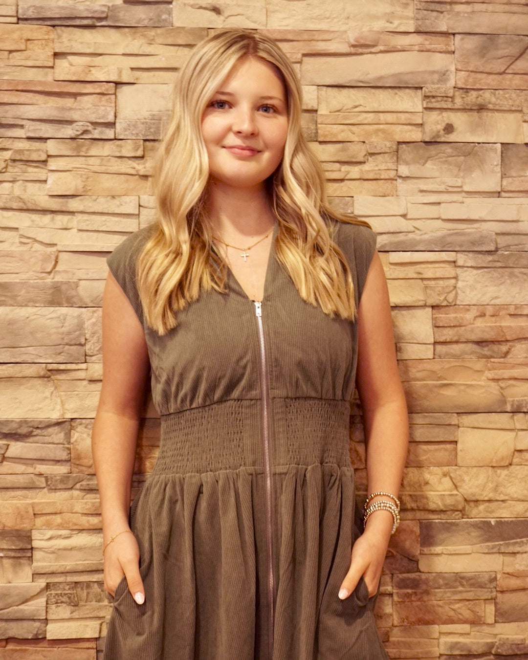 Front Zip Corduroy Midi Dress - Olive