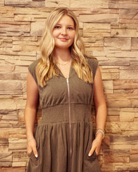 Front Zip Corduroy Midi Dress - Olive