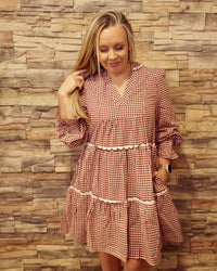 Gingham V-Neck Mini Dress - Burgundy