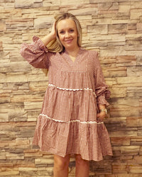 Gingham V-Neck Mini Dress - Burgundy