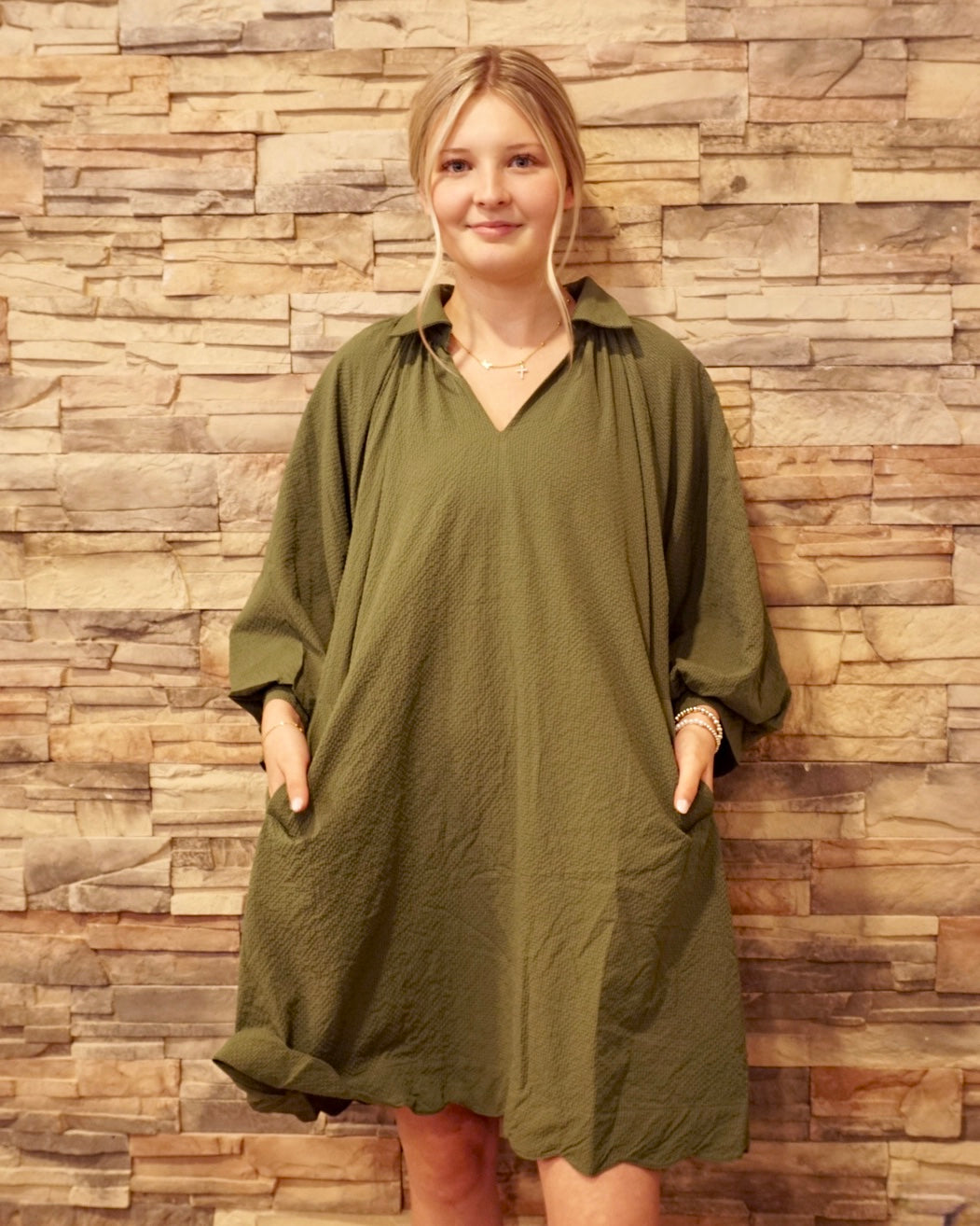 V-Neck Dress w/ Puff Sleeves - Olive
