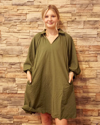 V-Neck Dress w/ Puff Sleeves - Olive