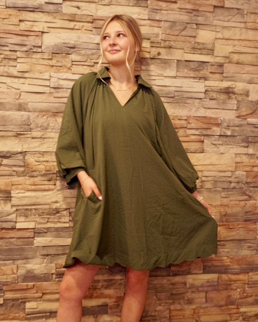 V-Neck Dress w/ Puff Sleeves - Olive
