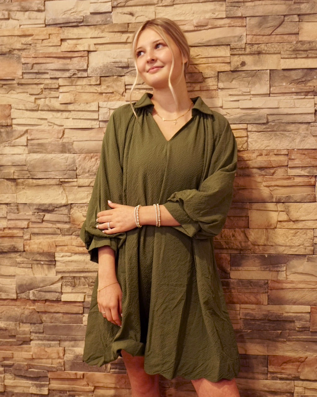 V-Neck Dress w/ Puff Sleeves - Olive