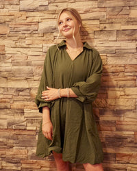 V-Neck Dress w/ Puff Sleeves - Olive