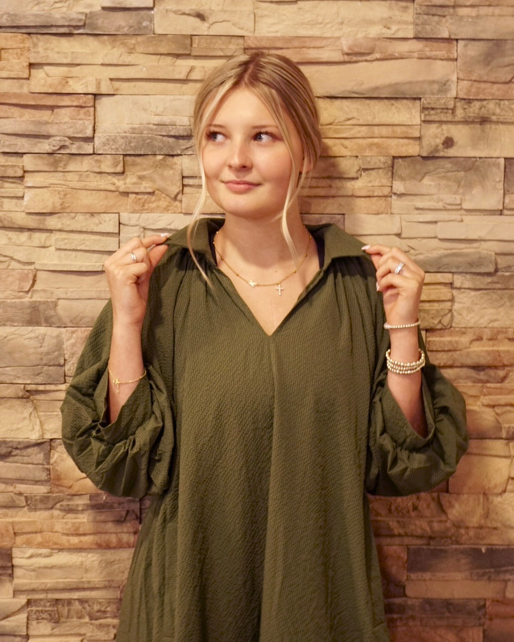 V-Neck Dress w/ Puff Sleeves - Olive
