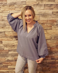 Balloon Sleeve V-Neck Top - Steel Blue