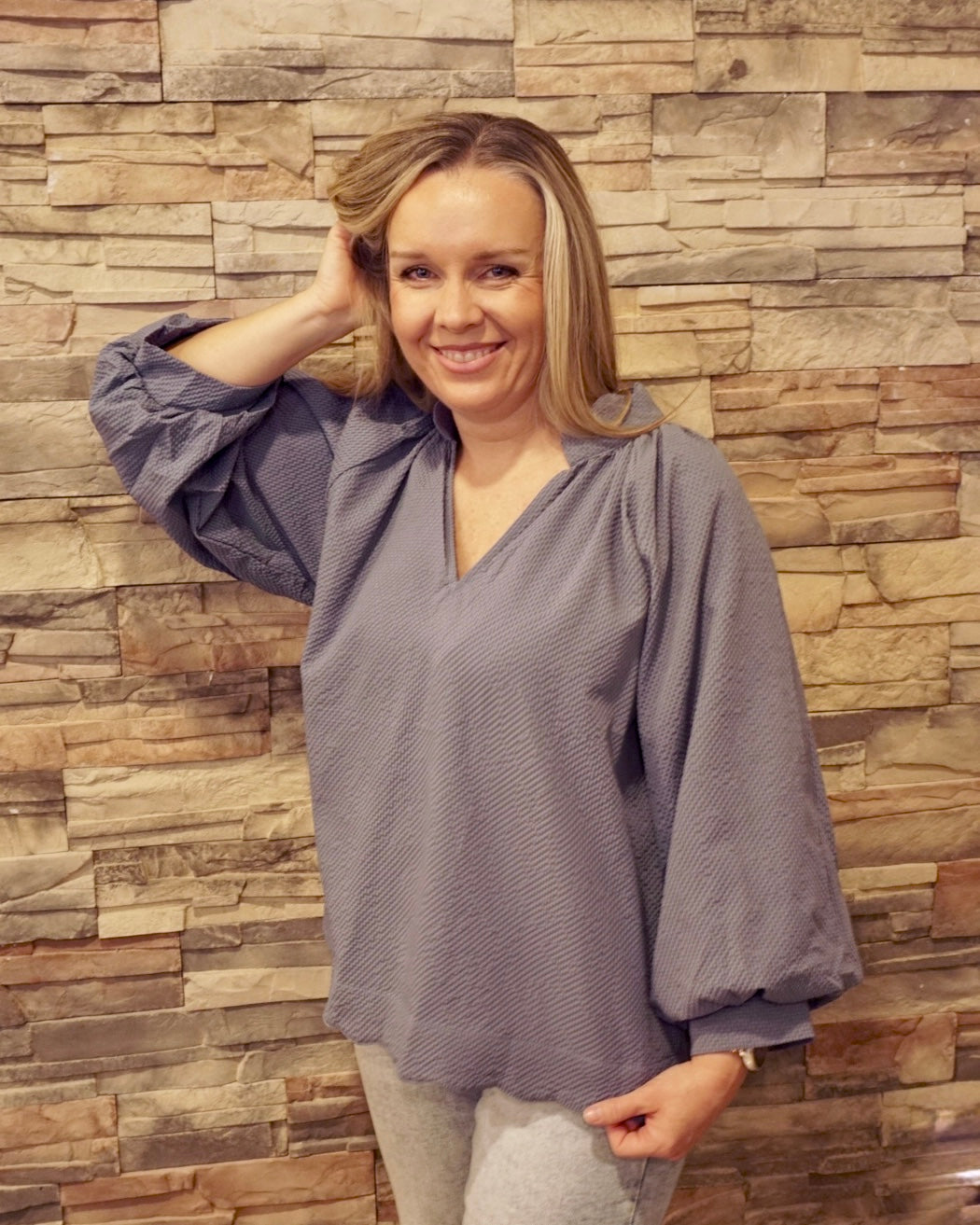 Balloon Sleeve V-Neck Top - Steel Blue