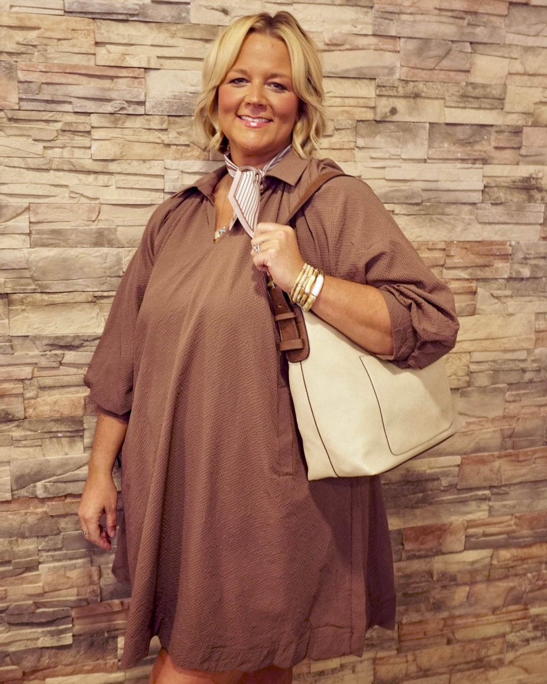 V-Neck Dress w/ Puff Sleeves - Chocolate