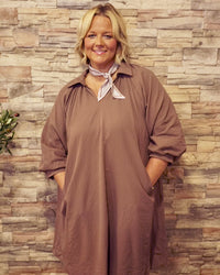 V-Neck Dress w/ Puff Sleeves - Chocolate