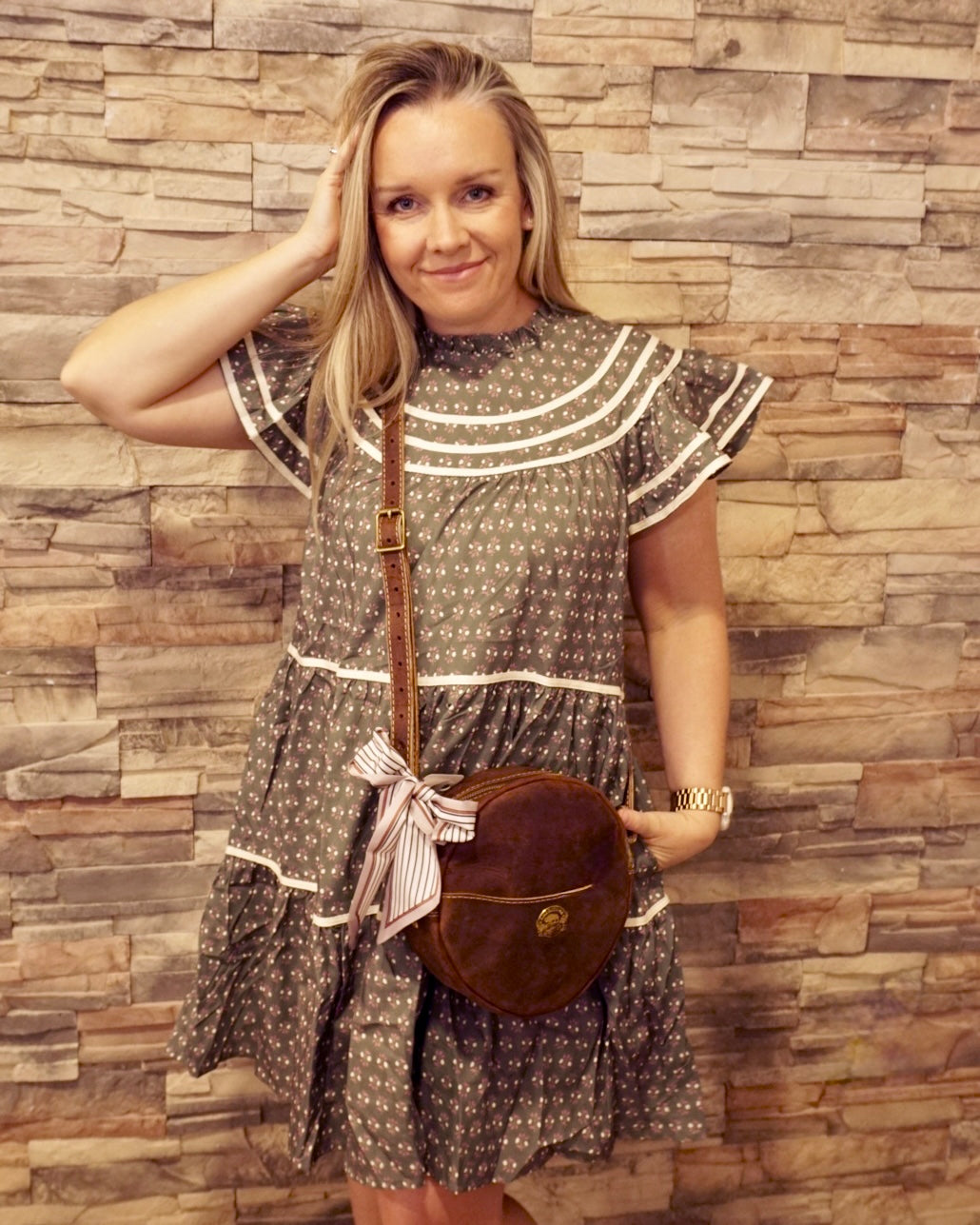 Floral Print Ruffled Dress - Olive