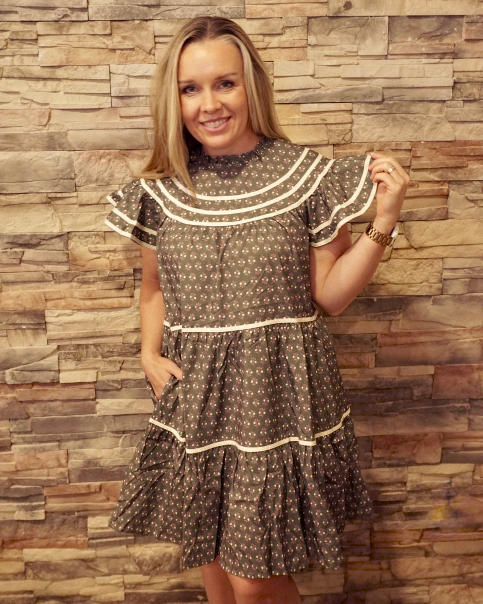 Floral Print Ruffled Dress - Olive