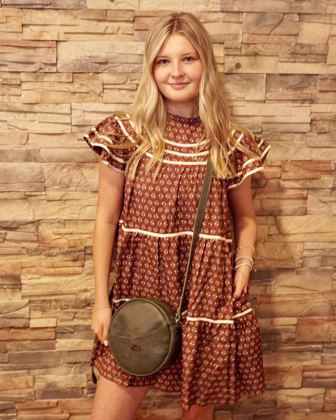 Floral Print Ruffled Dress - Brown