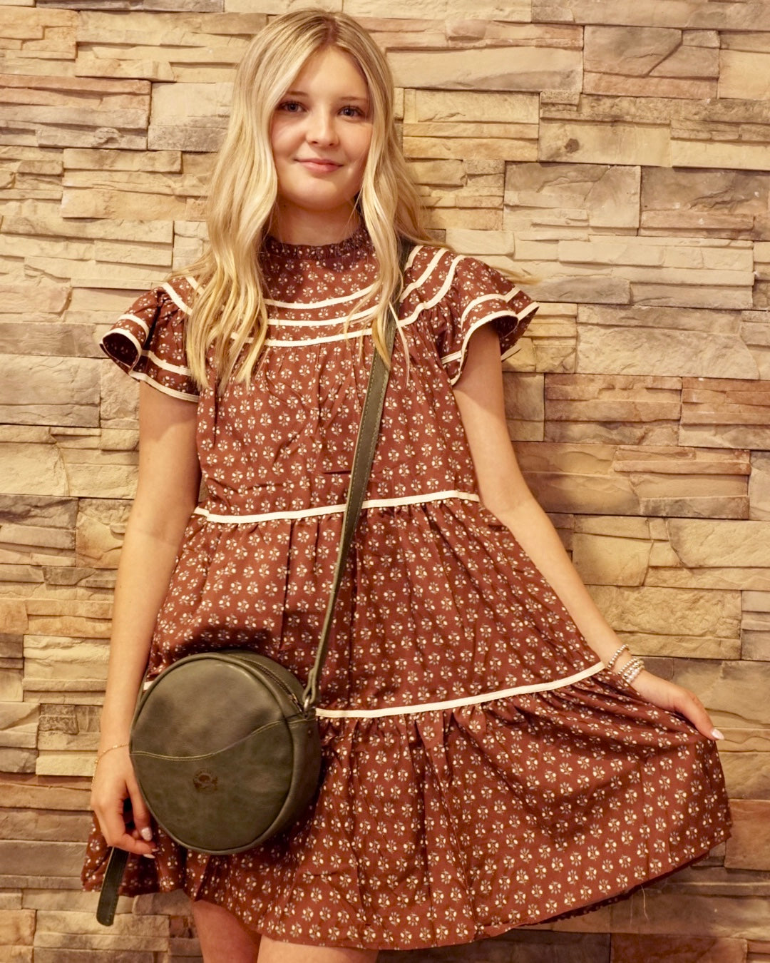 Floral Print Ruffled Dress - Brown