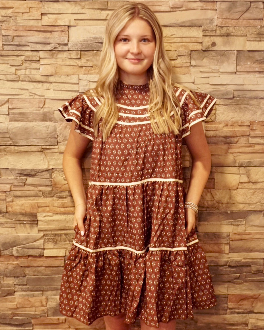 Floral Print Ruffled Dress - Brown
