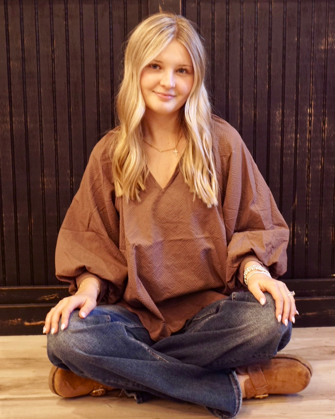 Plus Balloon Sleeve V-Neck Top - Chocolate