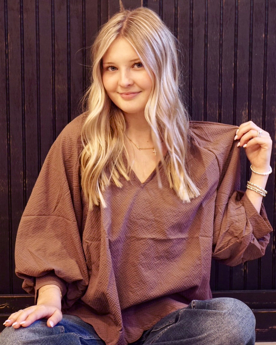 Plus Balloon Sleeve V-Neck Top - Chocolate