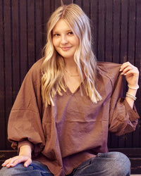 Plus Balloon Sleeve V-Neck Top - Chocolate