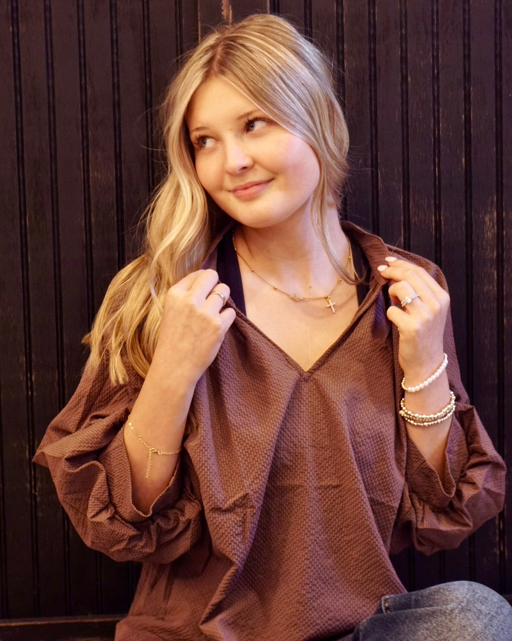 Plus Balloon Sleeve V-Neck Top - Chocolate