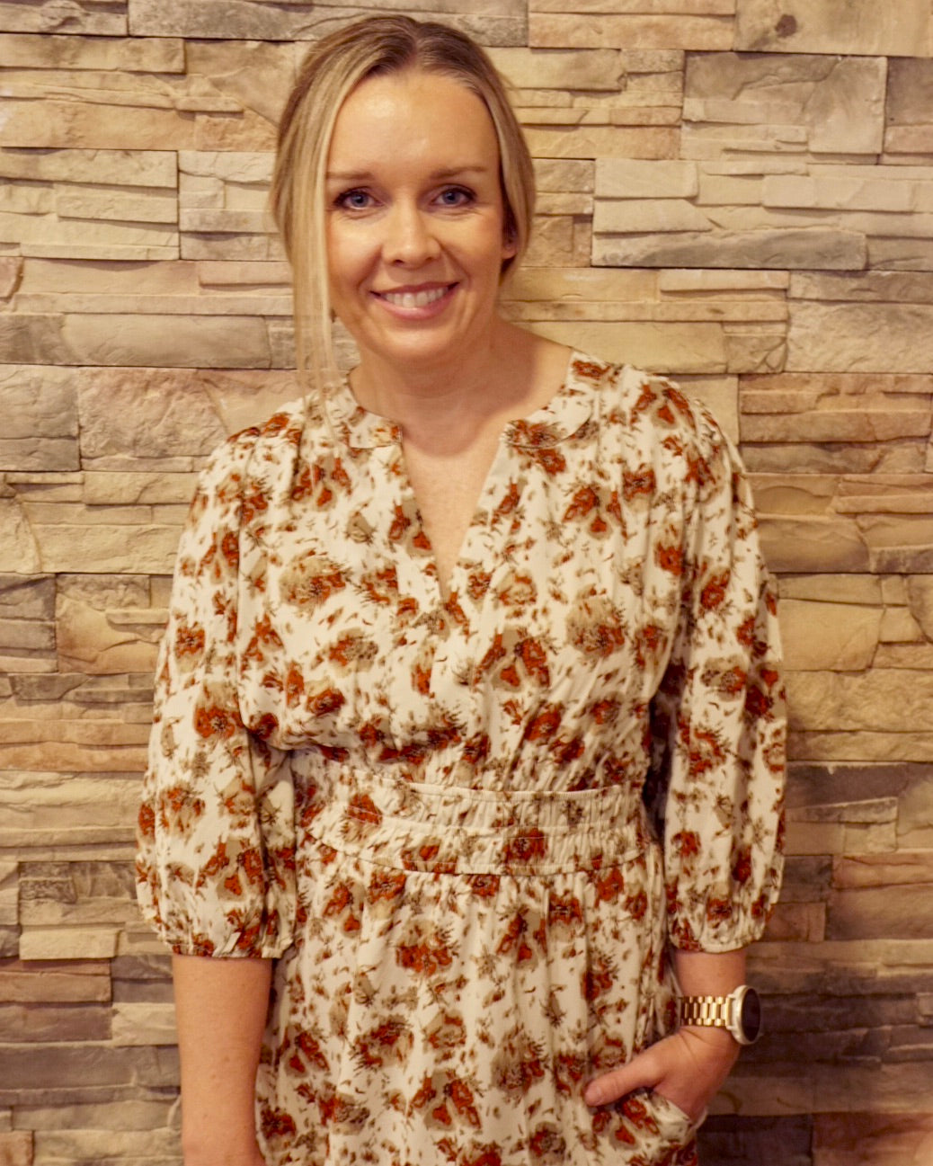 Printed Midi Dress - Cream/Rust